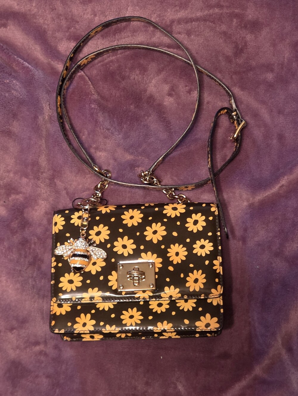 Dolce & Gabbana Black Crossbody Bag with Yellow Daisy Print & Bee Charm